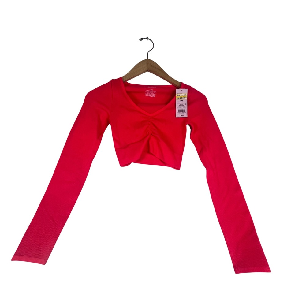 Wild Fable Magenta Pink Ribbed Ruched V-Neck Long Sleeve Crop Top XXS NEW